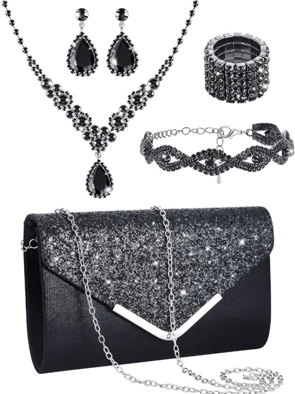 Glam Rhinestone Jewelry Set - 5 Pcs Clutch Purse, Necklace, Earrings & Bracelets